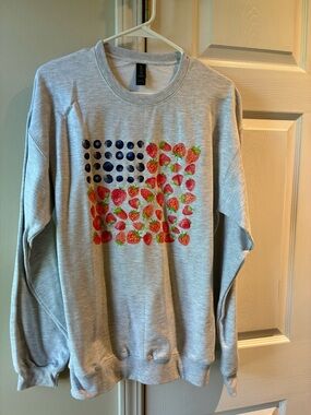 Gildan Light Gray Sweatshirt with Blue Dots and Red Strawberries